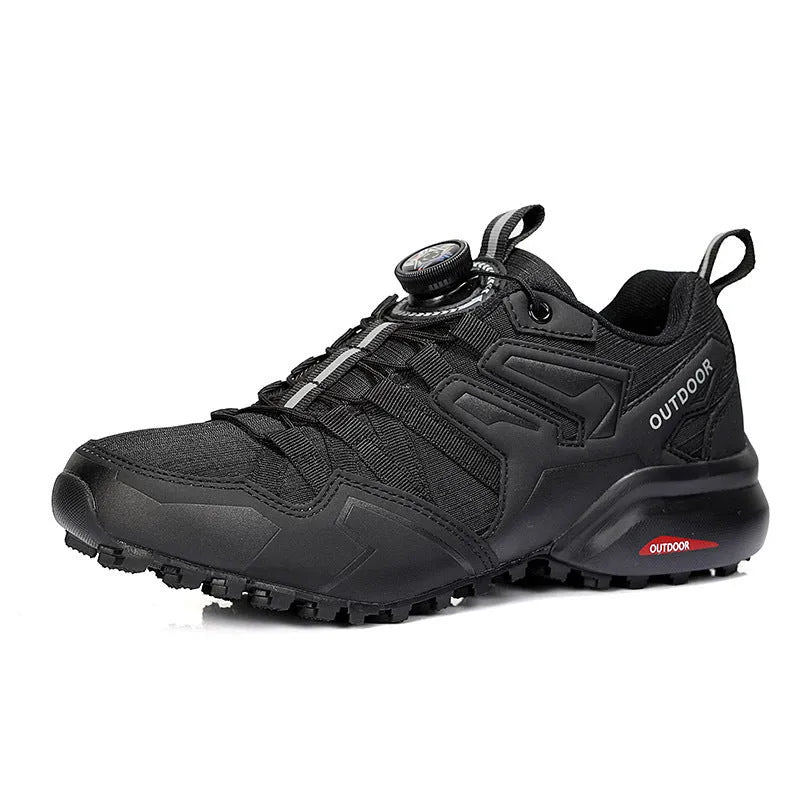 Men's beige off-road hiking shoes with elastic band closure and rubber sole.