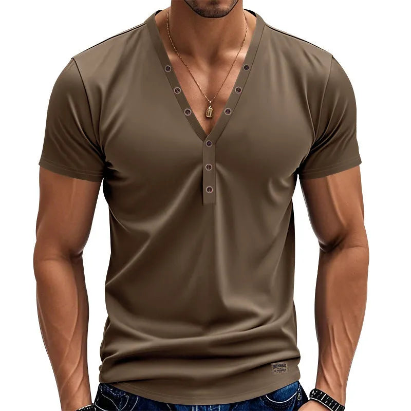 Men's loose fit thin V-neck pullover top with button detail in light blue colour.