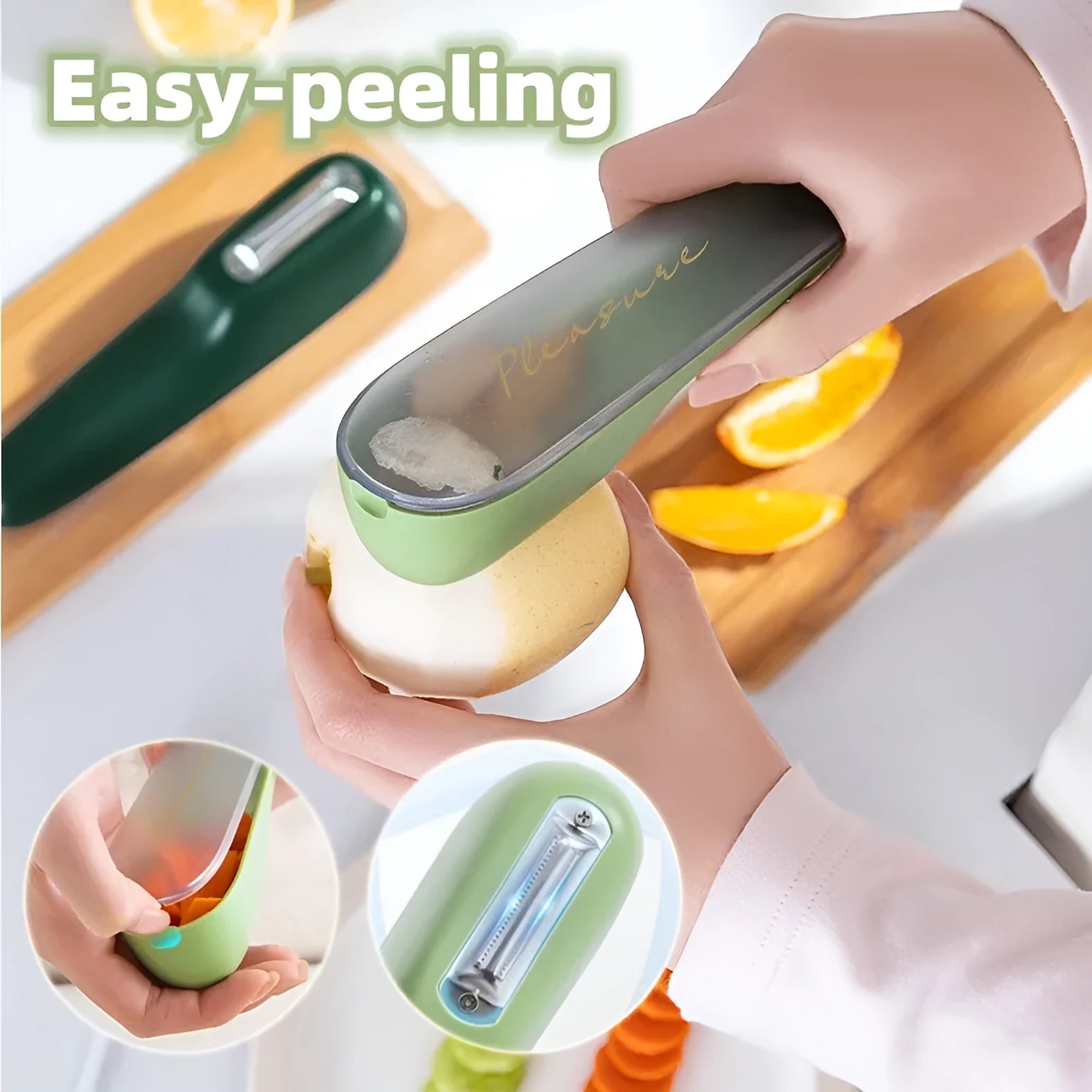 Green fruit and vegetable peeler with a stainless steel blade, plastic handle, and a separate white storage tube.