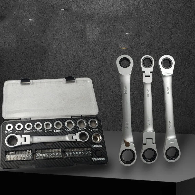 Dual-purpose ratchet wrench set with reversible head, 10 sockets, and 3 screwdriver bit heads on a workbench.