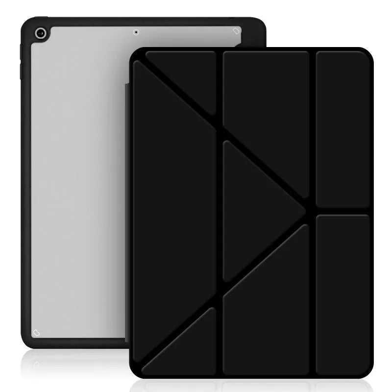 iPad foldable stand case in imitation leather with Y-fold design and Apple Pencil slot.