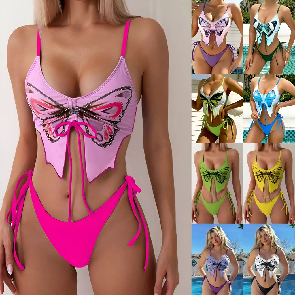 Women's purple bikini swimsuit with bow detail on top and split leg briefs.