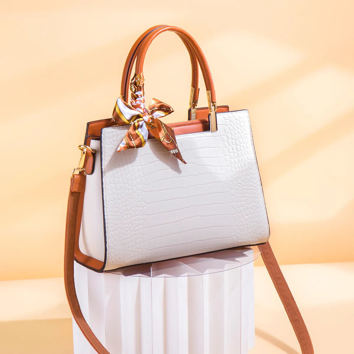 Milk white women's PU shoulder handbag with horizontal square shape and sewing line detail.