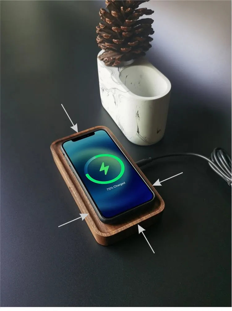 Black walnut wooden tray wireless charger with 15W fast charge, 6mm sensing distance and cable outlet options