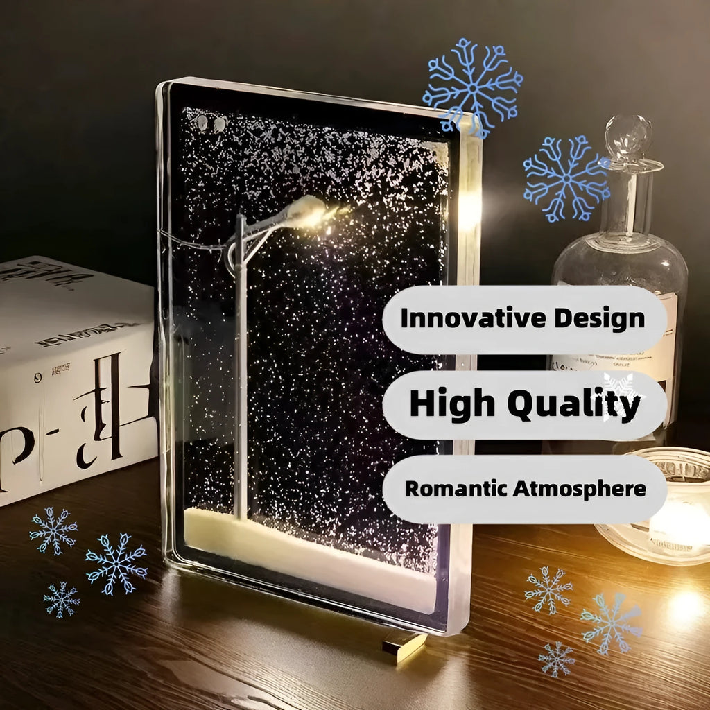 Assembled DIY snowy landscape night light with small street light and warm LED glow on a desktop.