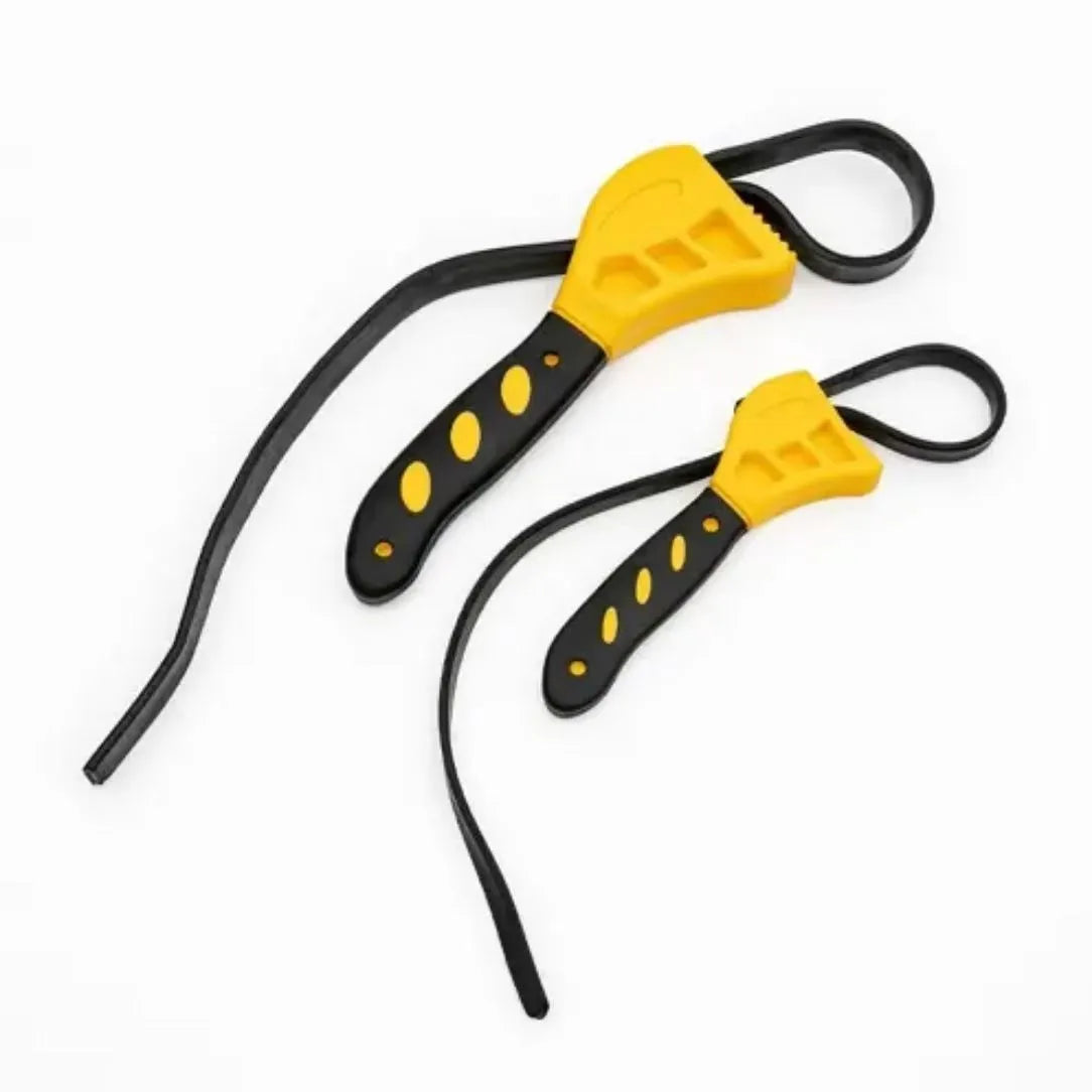 A 6-inch and 8-inch adjustable rubber strap wrench set on a workbench.