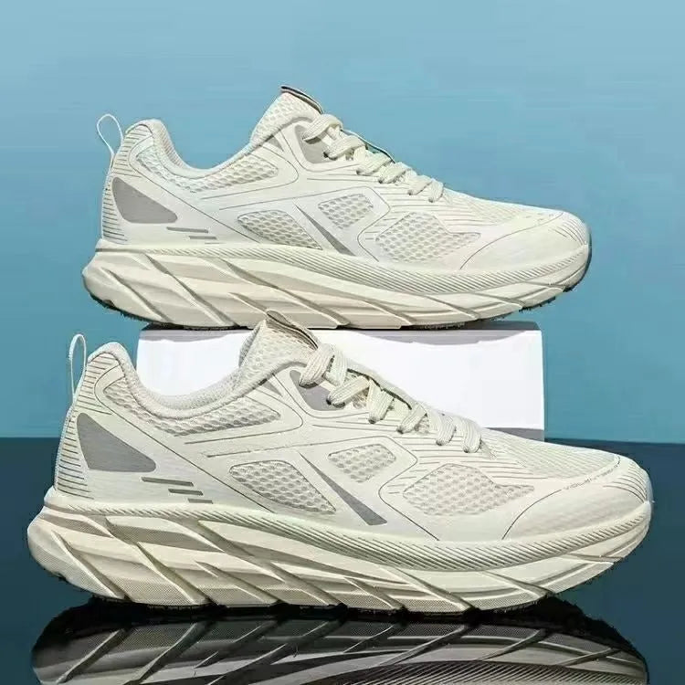 Unisex mesh running shoes in red, beige, green, grey, and black colour options showing round toe design