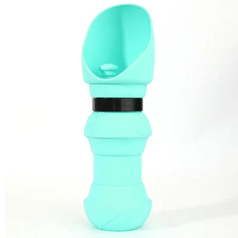 Silicone pet folding water cup shown in collapsed and open positions with colour options
