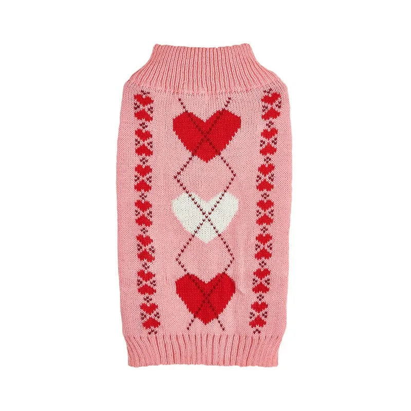 Acrylic dog sweater with decorative bow and love heart designs in red and pink colour options
