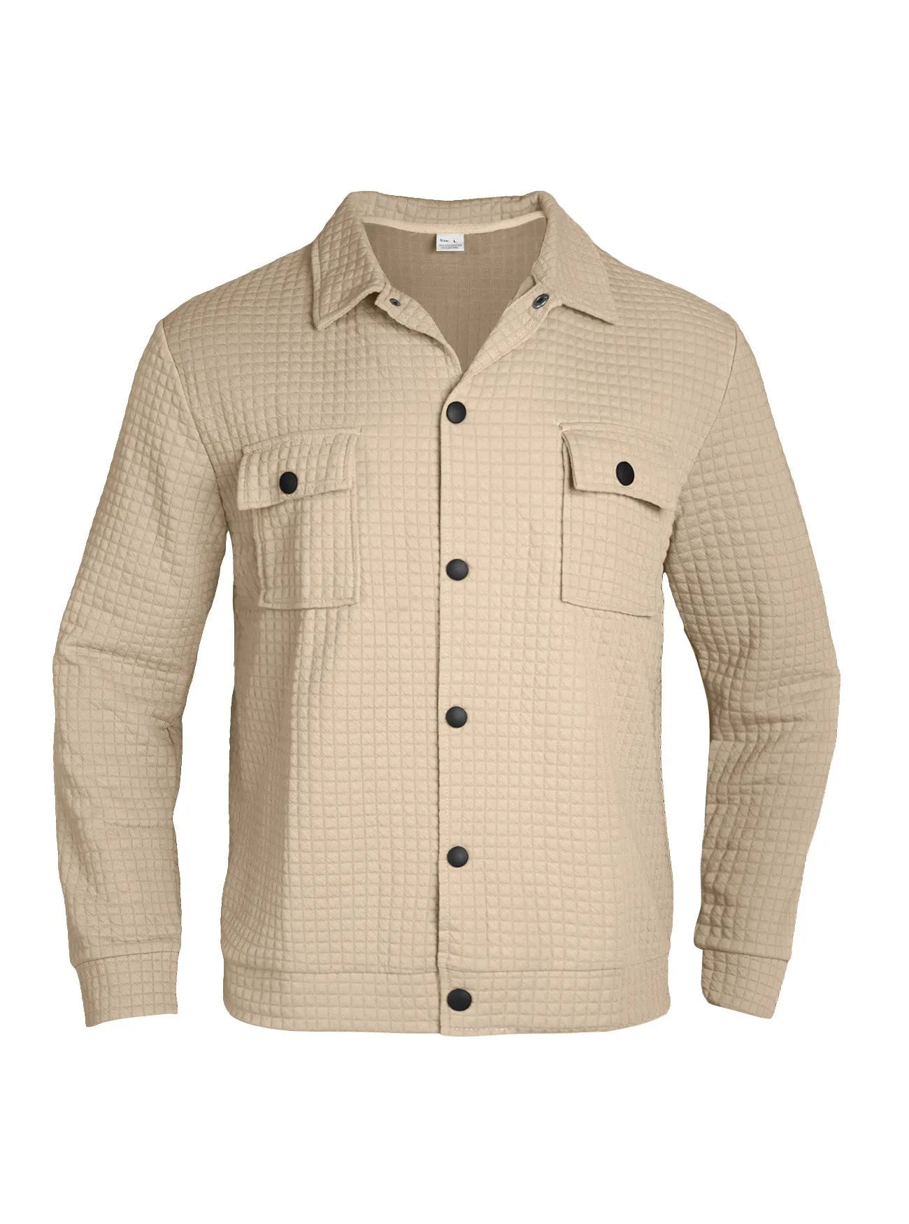 Men's casual jacquard checkered loose knit polyester cardigan shirt in gray, long sleeves, grid pattern
