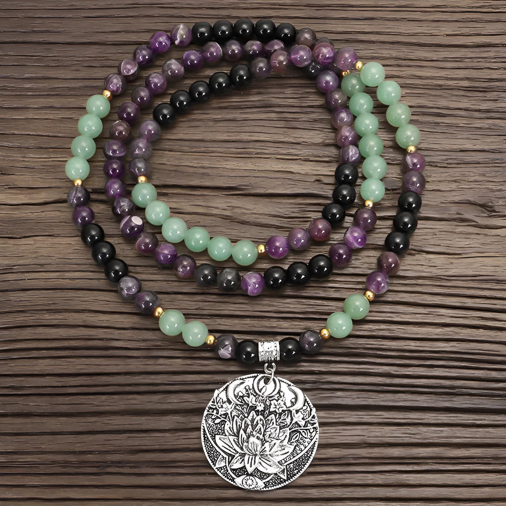 Long yoga lotus pendant necklace and matching bracelet set with adjustable length and handmade stone beads