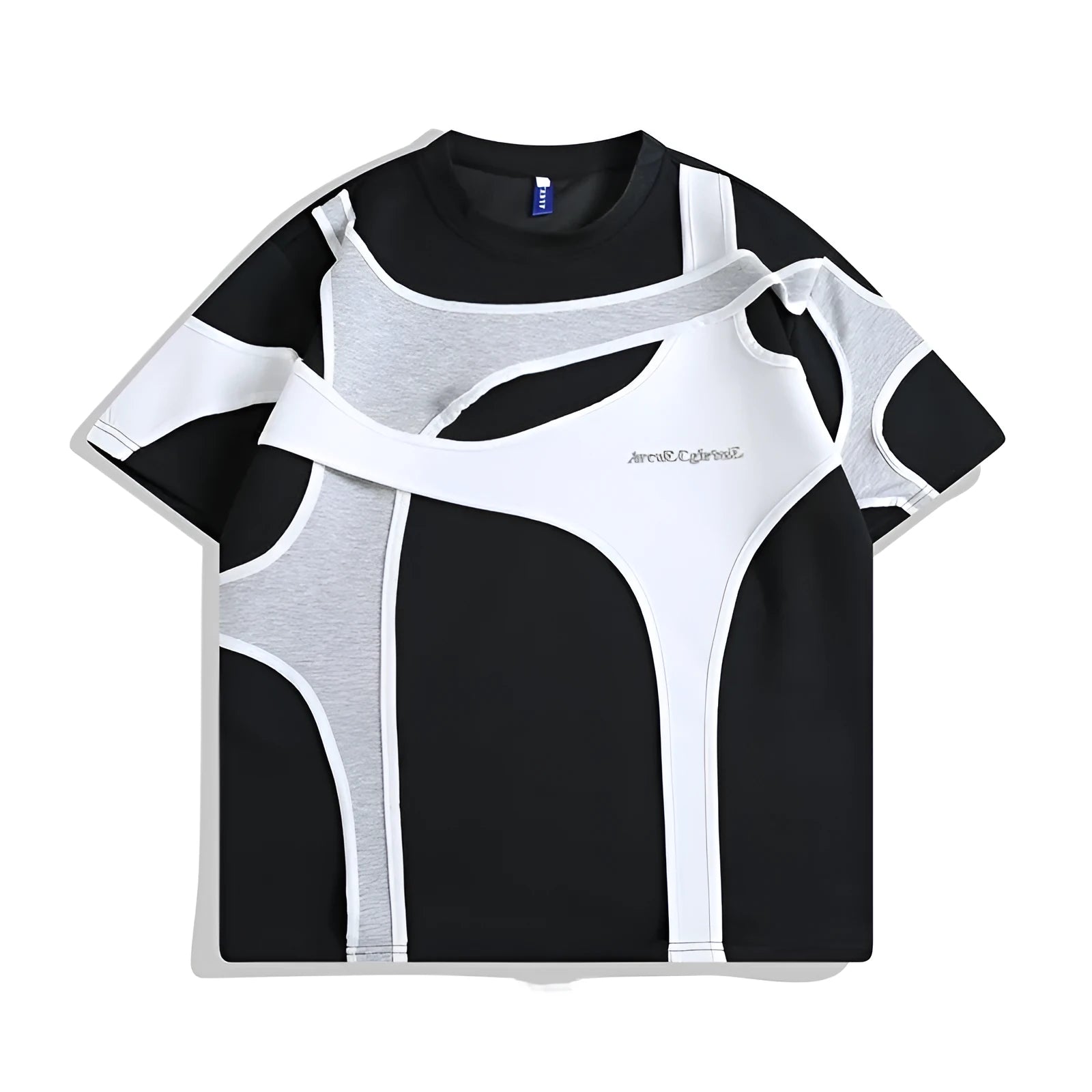 Men's loose fit black t-shirt with double-layer shoulder stitching showing short sleeves and round neck