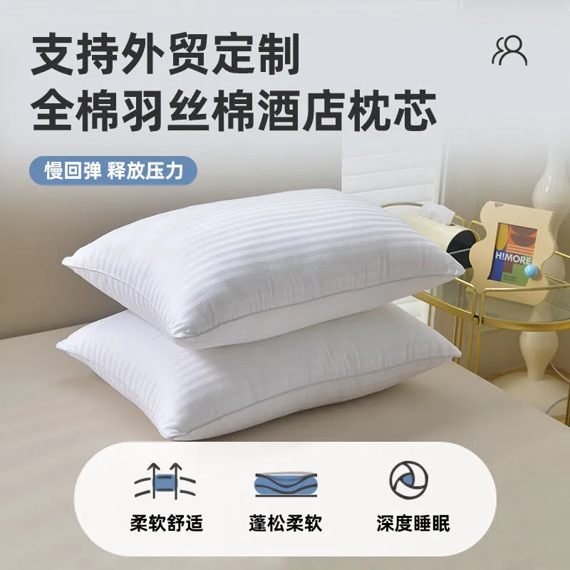 White hotel pillow with satin stripe or plain cotton cover, shown in 45x65cm, 48x74cm, and 50x80cm sizes.