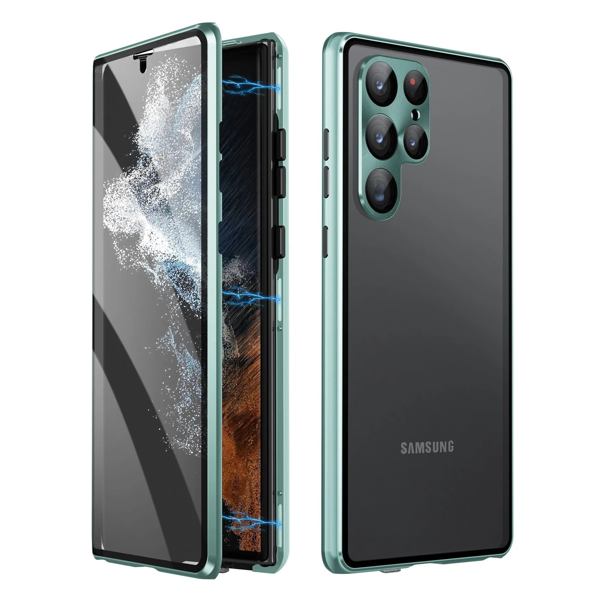 Metallic magnetic mirror phone case for Samsung S24 Ultra in various colours showing privacy screen.