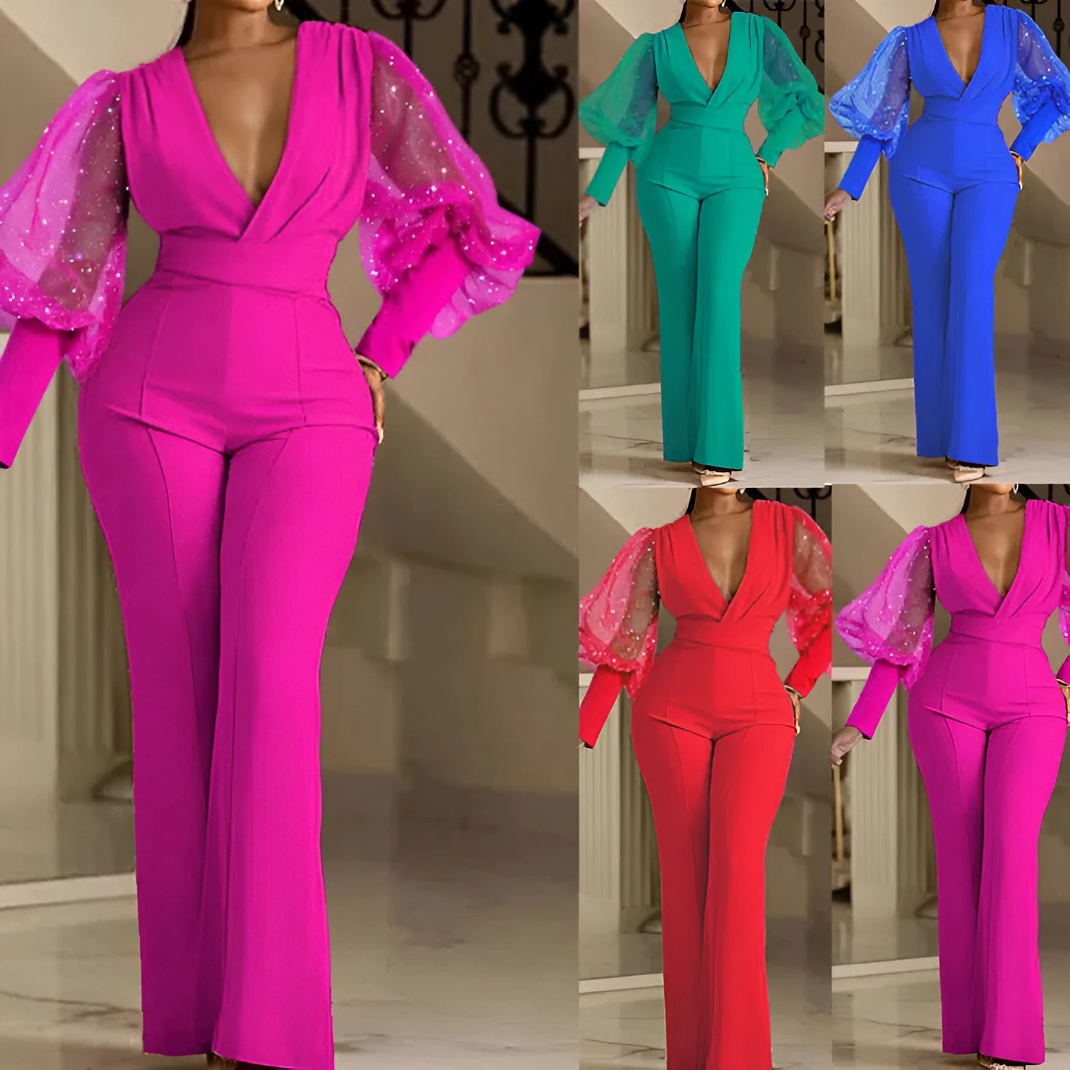 Red mesh stitching long sleeve jumpsuit with elastic waist and wide leg trousers on mannequin