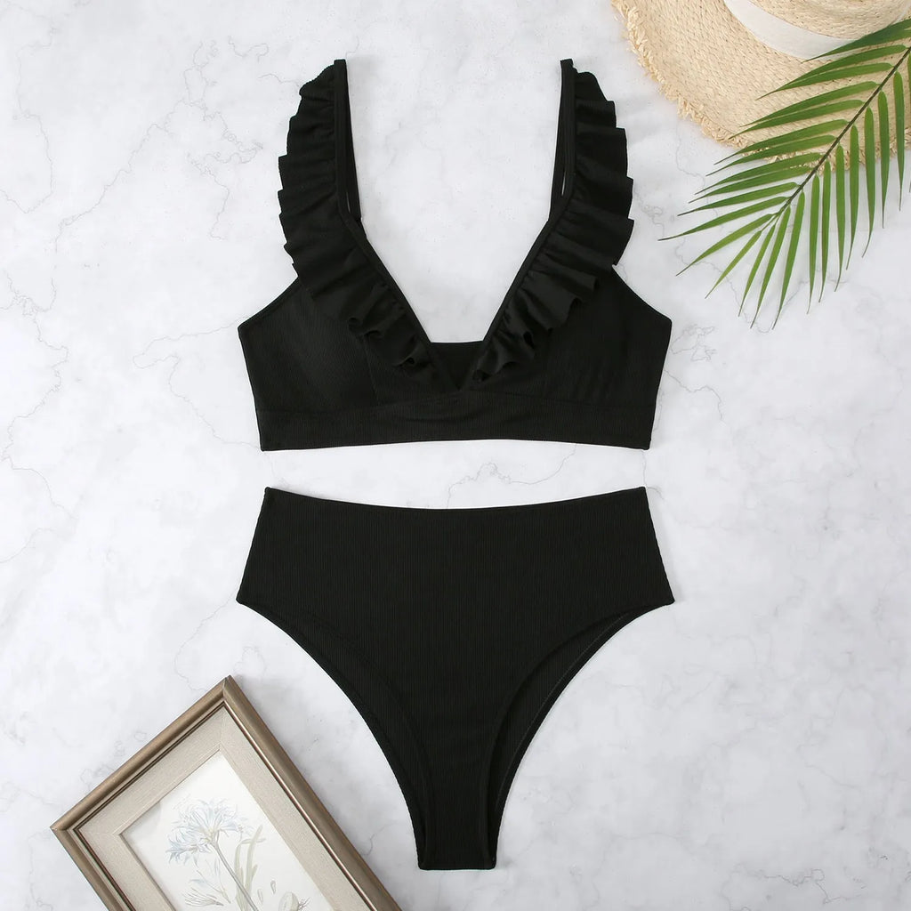 Women's striped split-chest bikini swimwear in polyester fabric with quick-drying properties