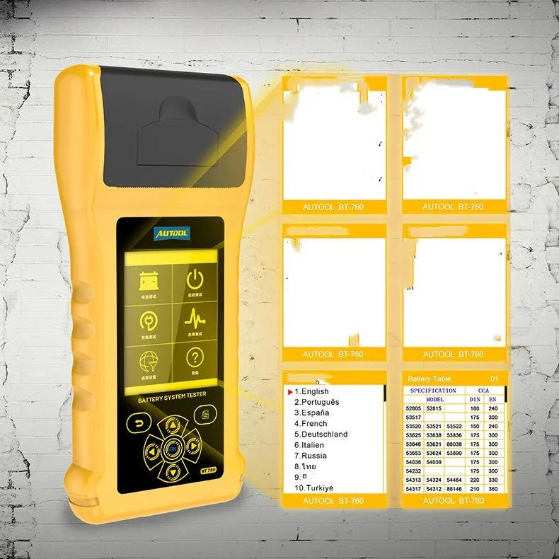 Autool BT760 vehicle battery tester with colour screen and attached test clips on a workbench.
