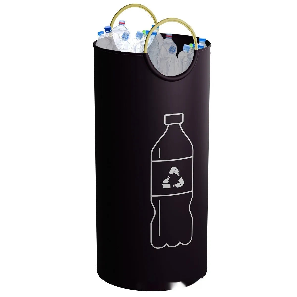 Round portable plastic trash can with a choice of plain or patterned finish, showing dimensions of 38cm wide by 72cm tall.