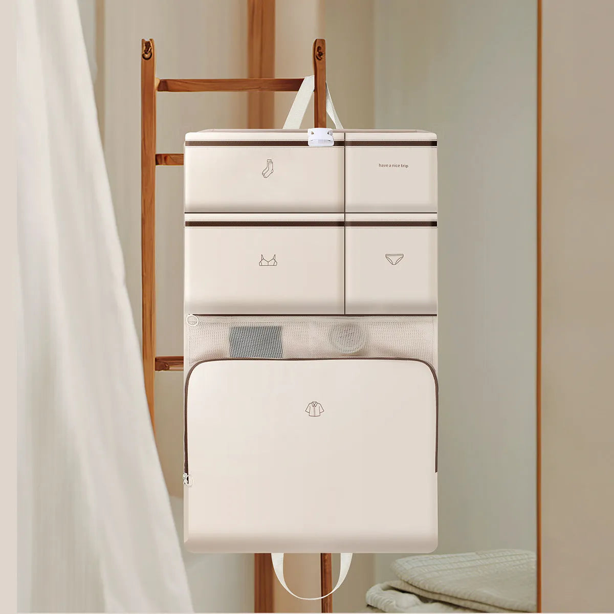 Foldable polyester travel storage hook bag in solid colour with hanging hook, unisex design