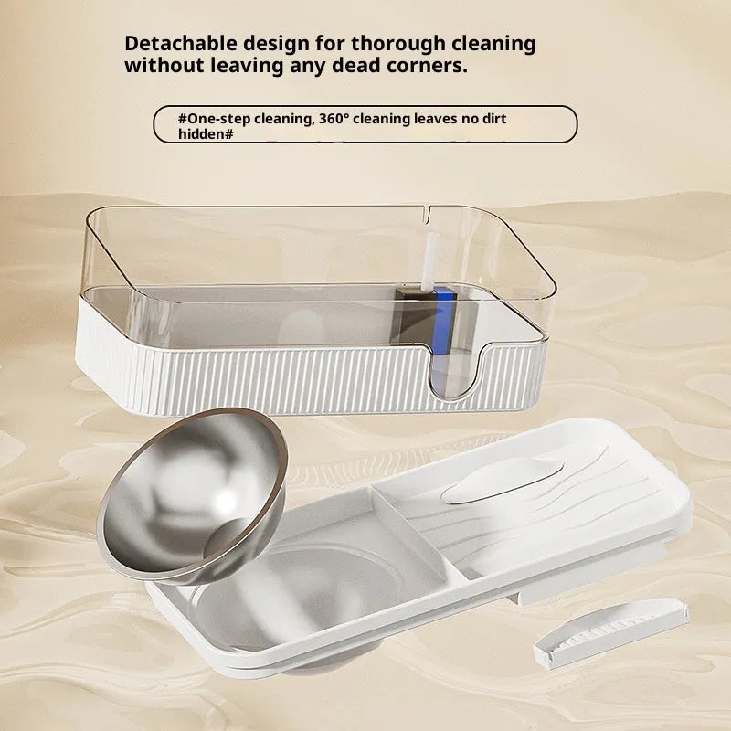Automatic cat water fountain in cream colour with stainless steel drinking area and PP body