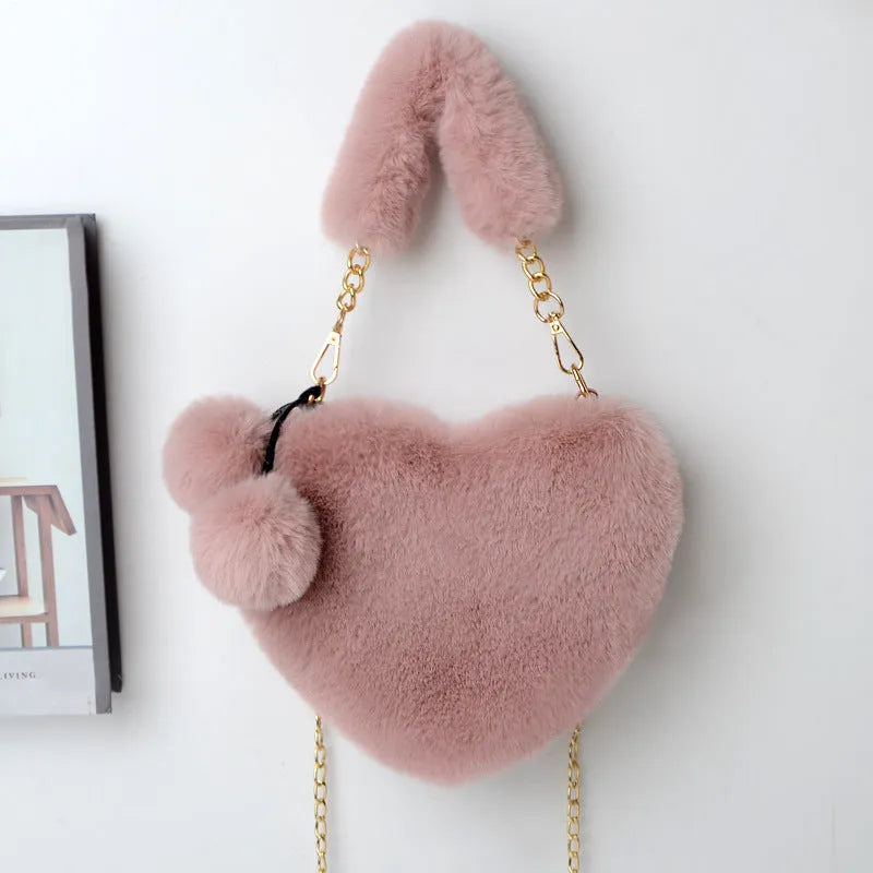 Medium sized heart shaped soft plush handbag for women with zip opening