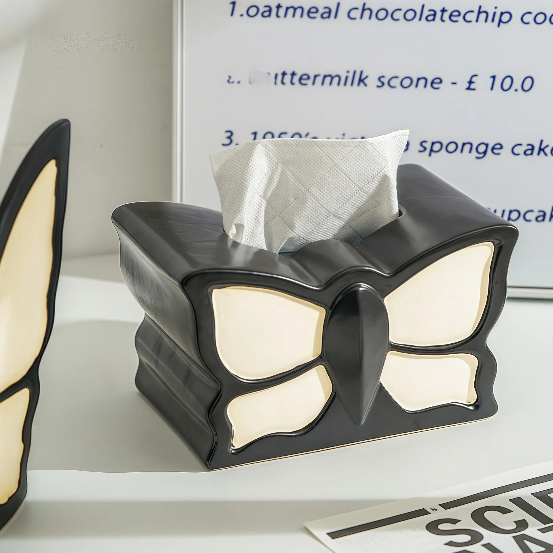 Ceramic butterfly-themed vase and matching waterproof tissue box set for living room decor.