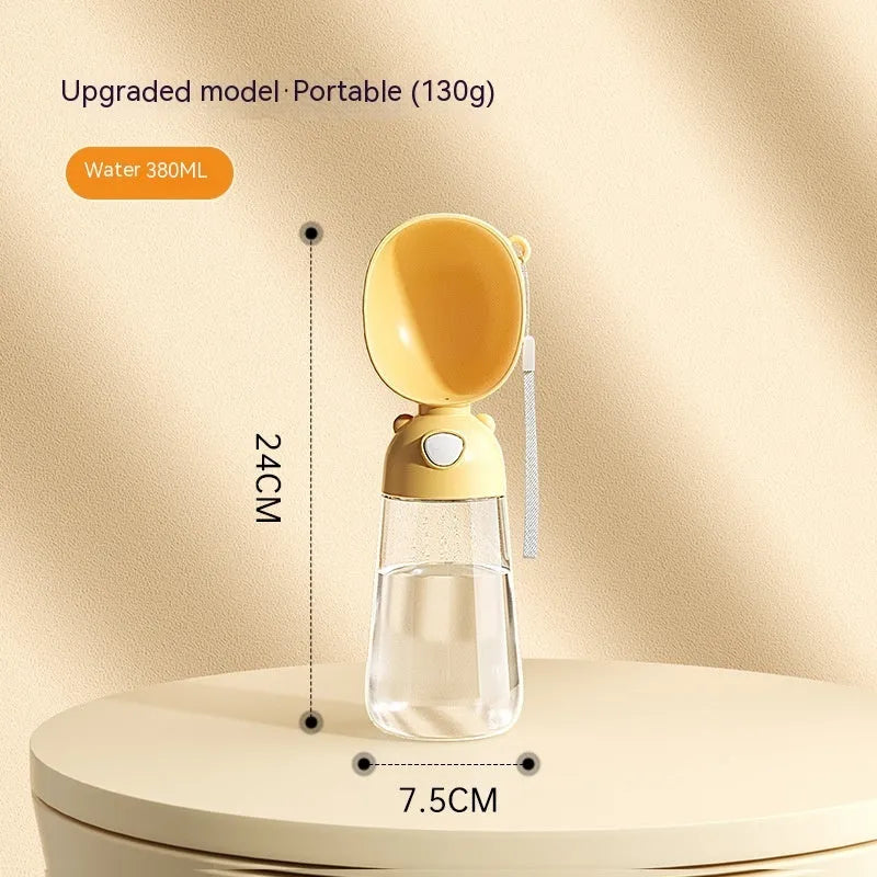 Portable plastic dog water bottle with an attached drinking bowl in yellow, pink, or brown.