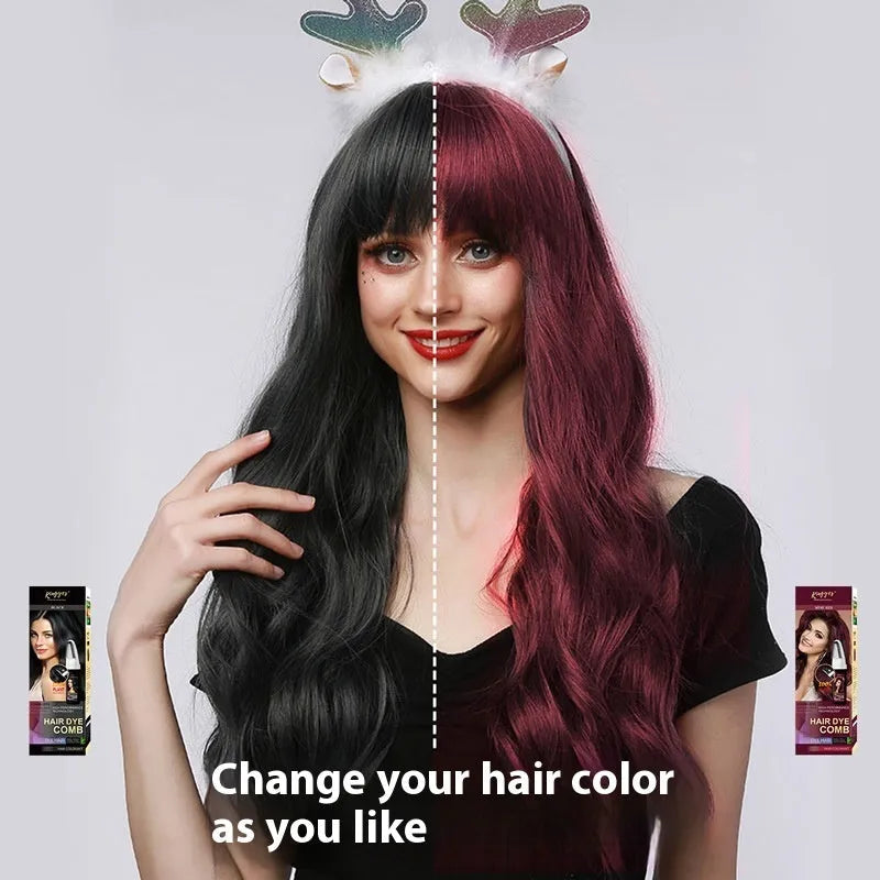 Hair dye comb kit showing 200ml tube with integrated comb applicator in dark brown, wine red or brown shade options