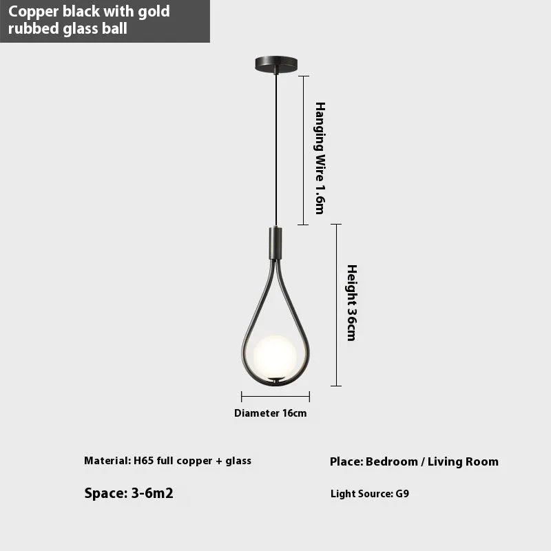 Modern minimalist copper bedside chandelier lamp with choice of light cover colours for bedroom.