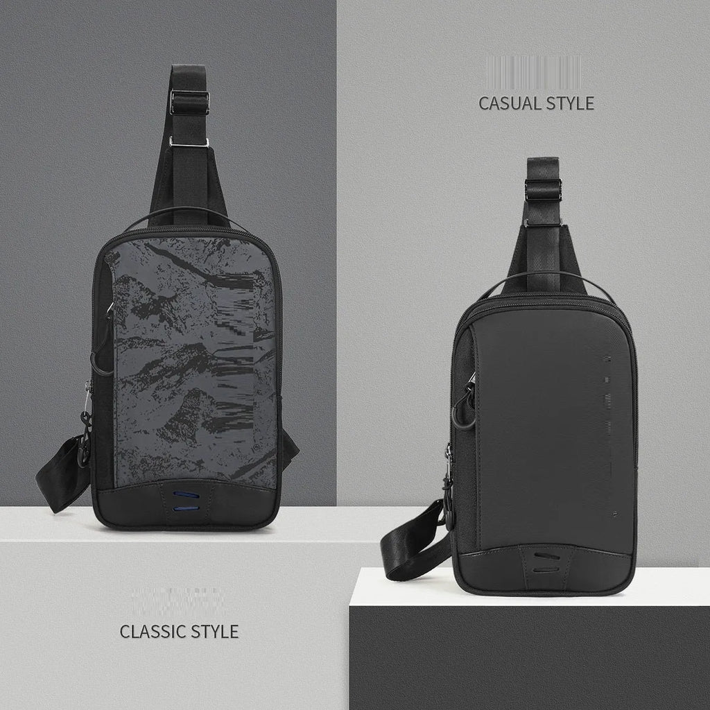 Casual black TPU camouflage chest bag with adjustable strap and front sandwich pocket on a person.