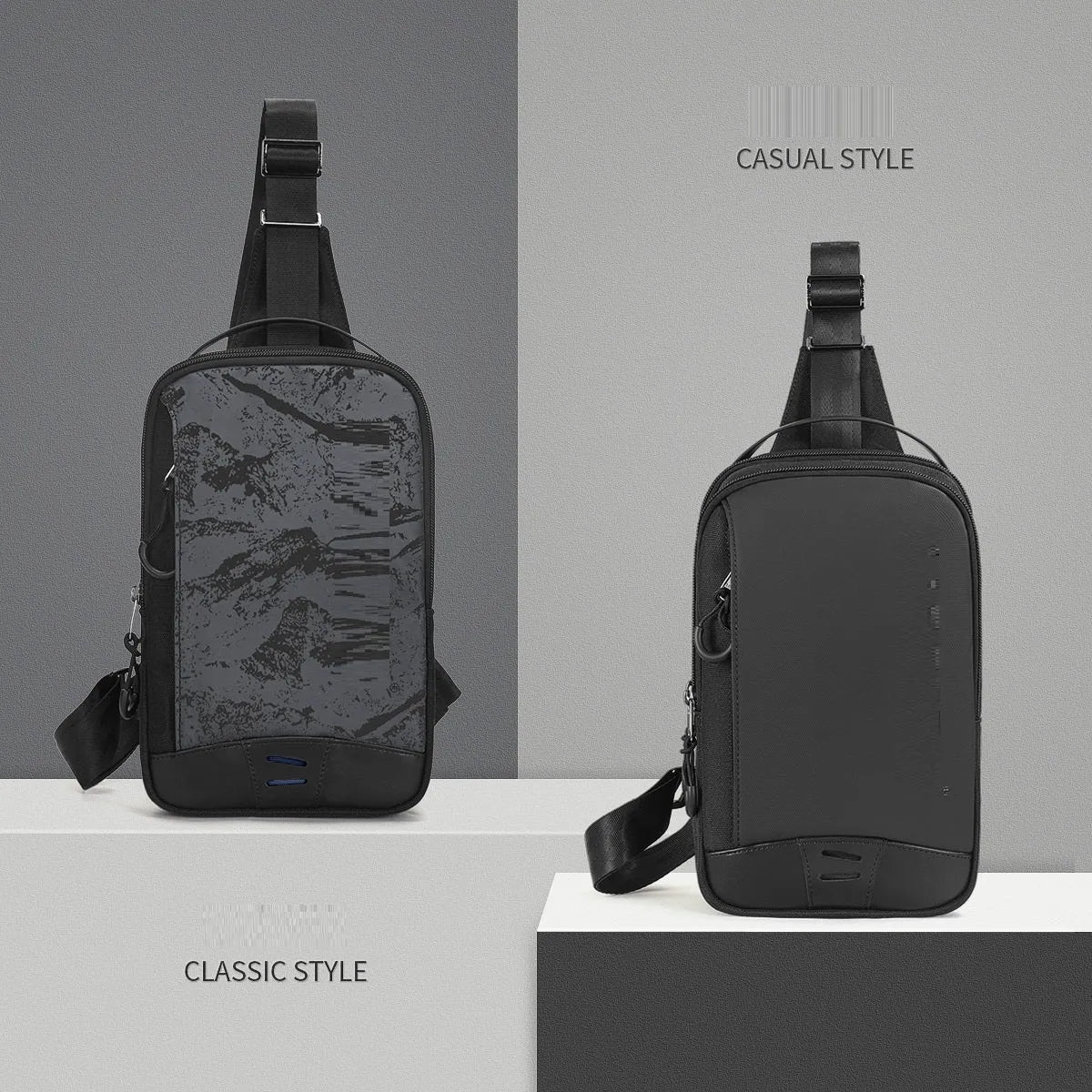 Casual black TPU camouflage chest bag with adjustable strap and front sandwich pocket on a person.