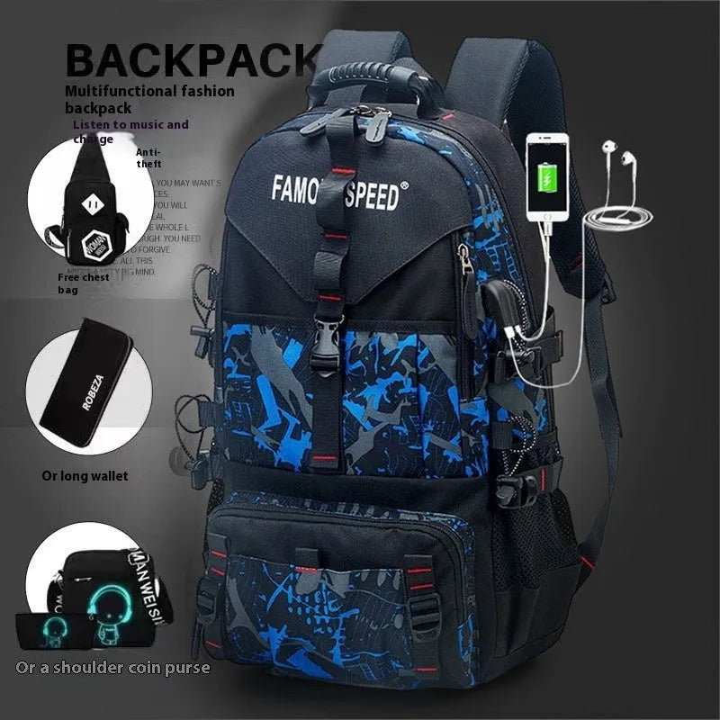 Men's waterproof Oxford cloth hiking backpack showing 56-75L capacity and air pillow belt system in black colour option