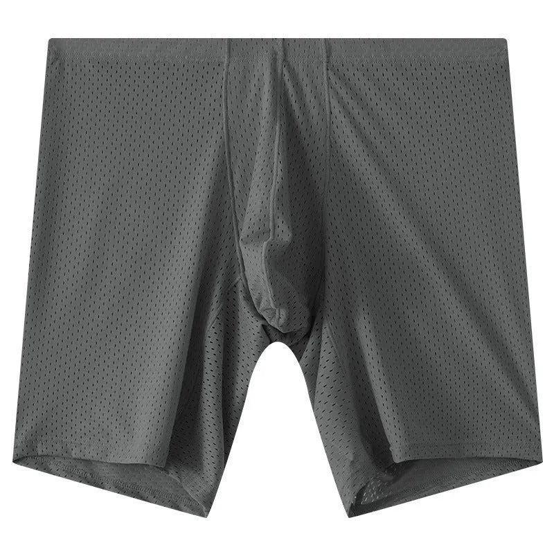 Men's mesh transparent lengthened boxers in black, mid waist nylon knit sports underwear