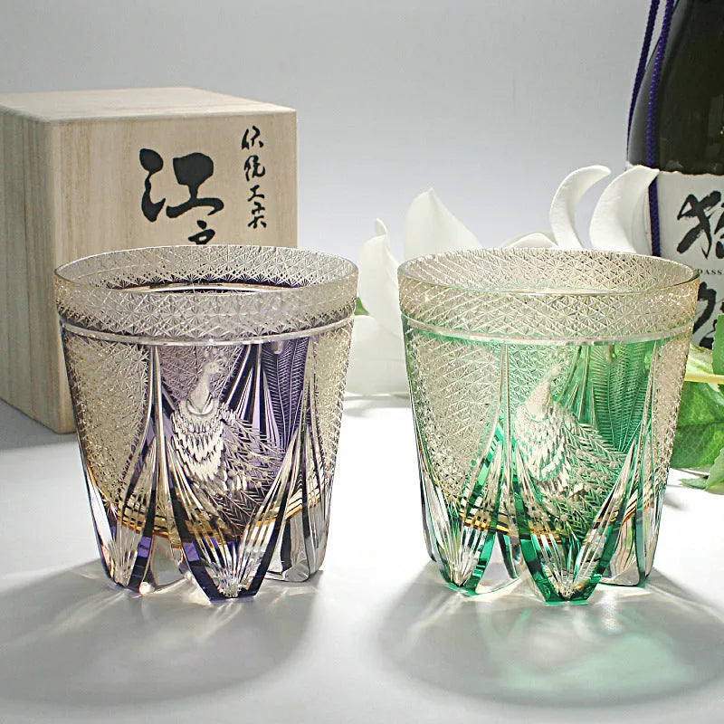 Handblown crystal whisky wine glass in Violet Peacock colour showcasing clear crystal body and coloured finish