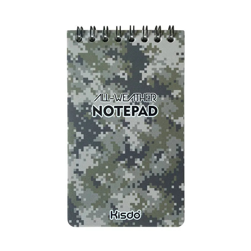 A5 spiral-bound waterproof notepad with PP cover and stone paper, shown in camouflage colour option.