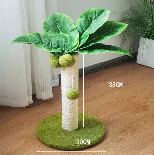 Emerald green cat tree with sisal rope column and long pile cloth leaf perch on particle board base