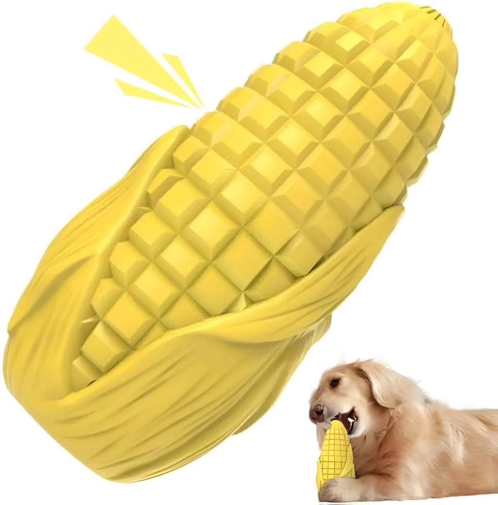 Yellow corn stick dog chew toy with textured surface for teeth cleaning