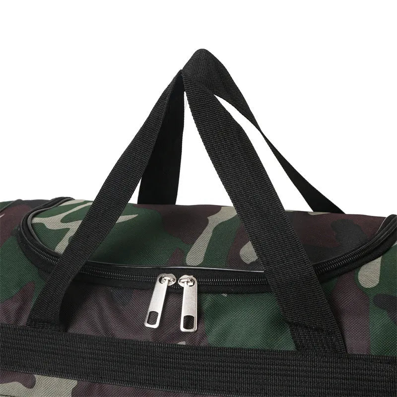 Camouflage coloured waterproof fabric luggage bag with stripe pattern lining.