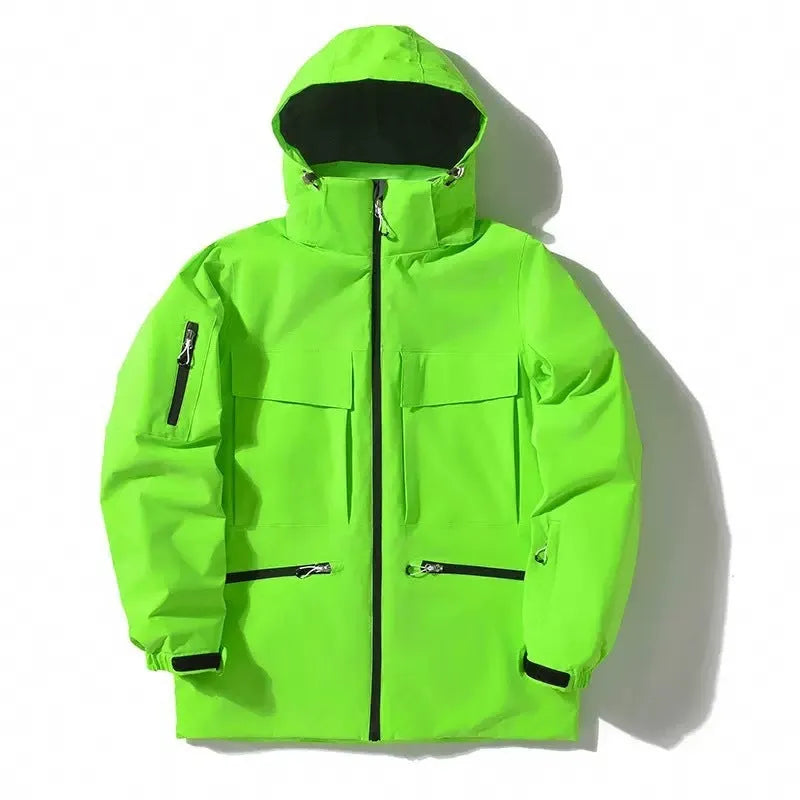Men's winter thicken thermal hooded ski jacket in fluorescent green with full front zip and side pockets