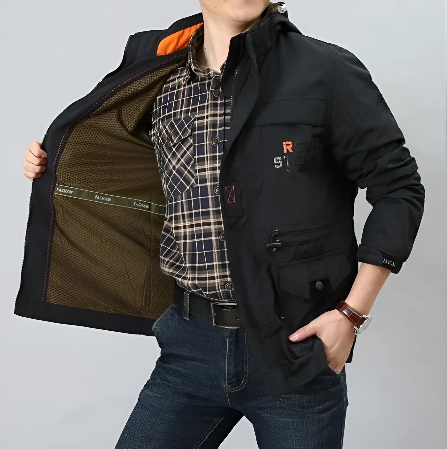 Men's casual outdoor hooded plus size jacket in letter print, stand-up collar, zipper front, thin polyester fabric