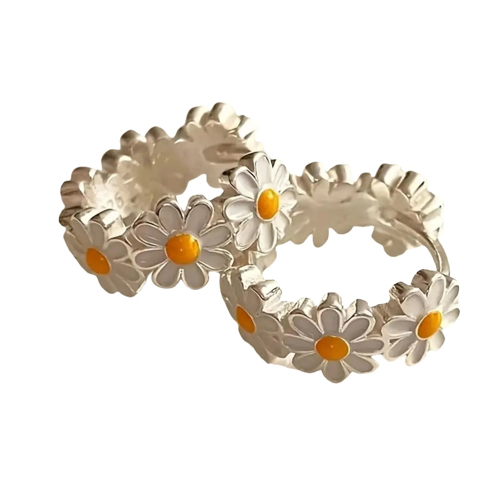 White fashion daisy flower ring earrings with electroplated finish and floral design