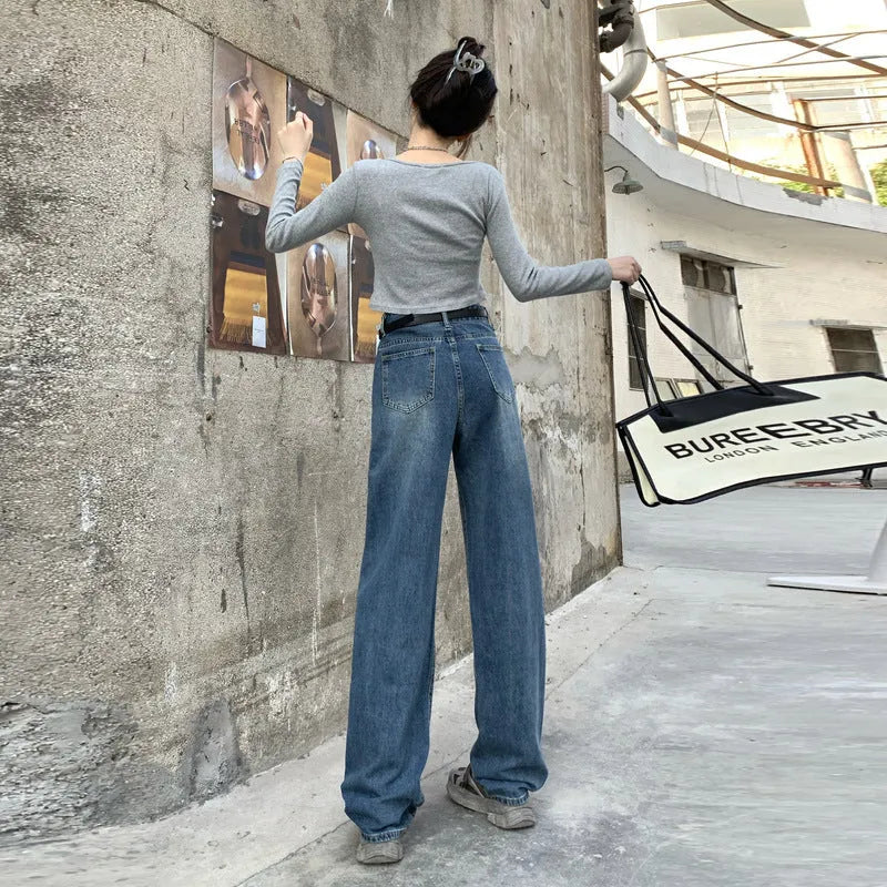 Women's retro blue high-waisted straight leg jeans shown in cropped, standard, and lengthened styles.