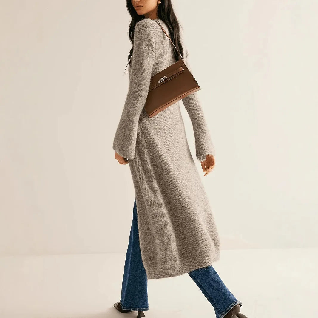 Khaki long sleeve cardigan coat with button front on a model