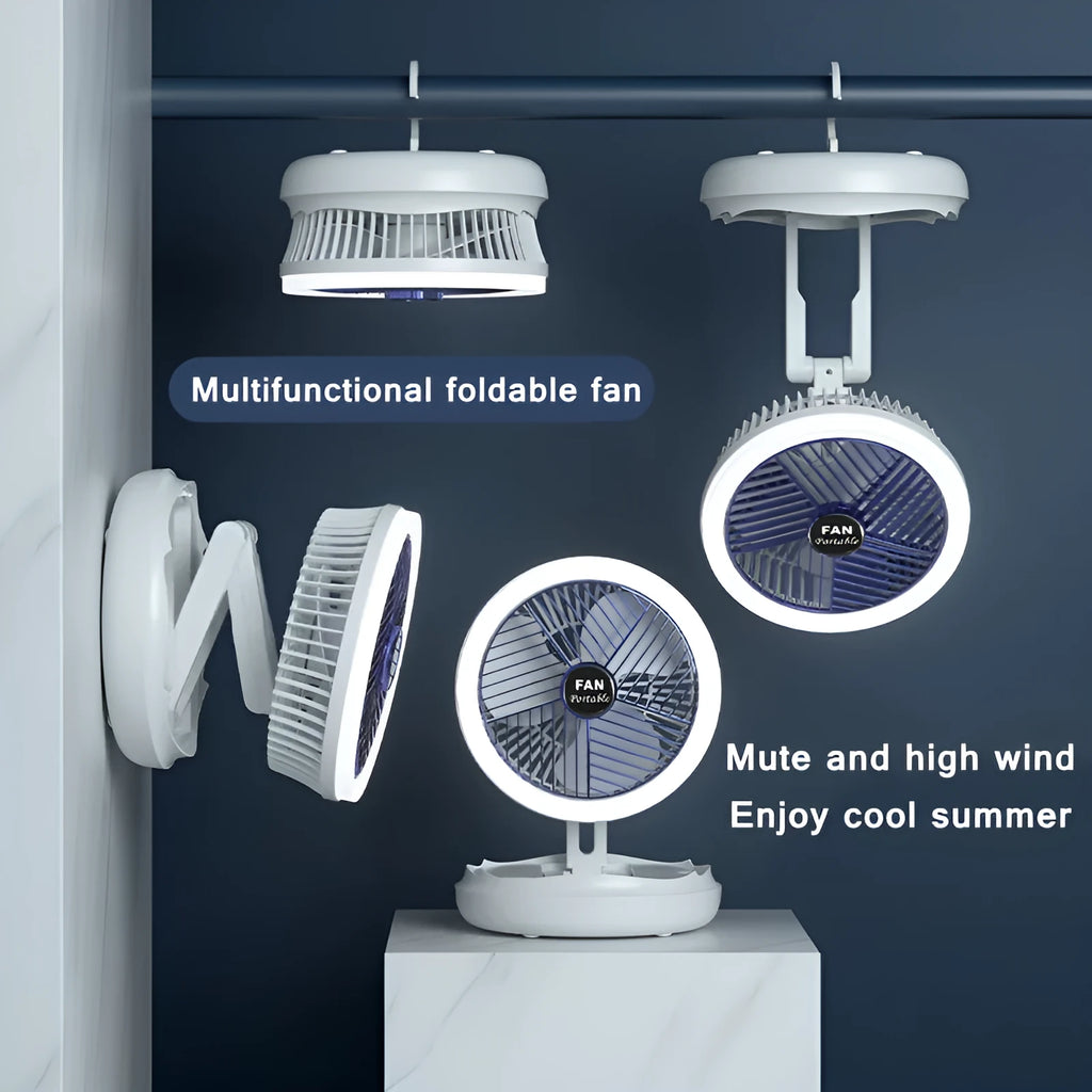 Blue foldable USB table fan with LED light showing wall mounting and desk placement options