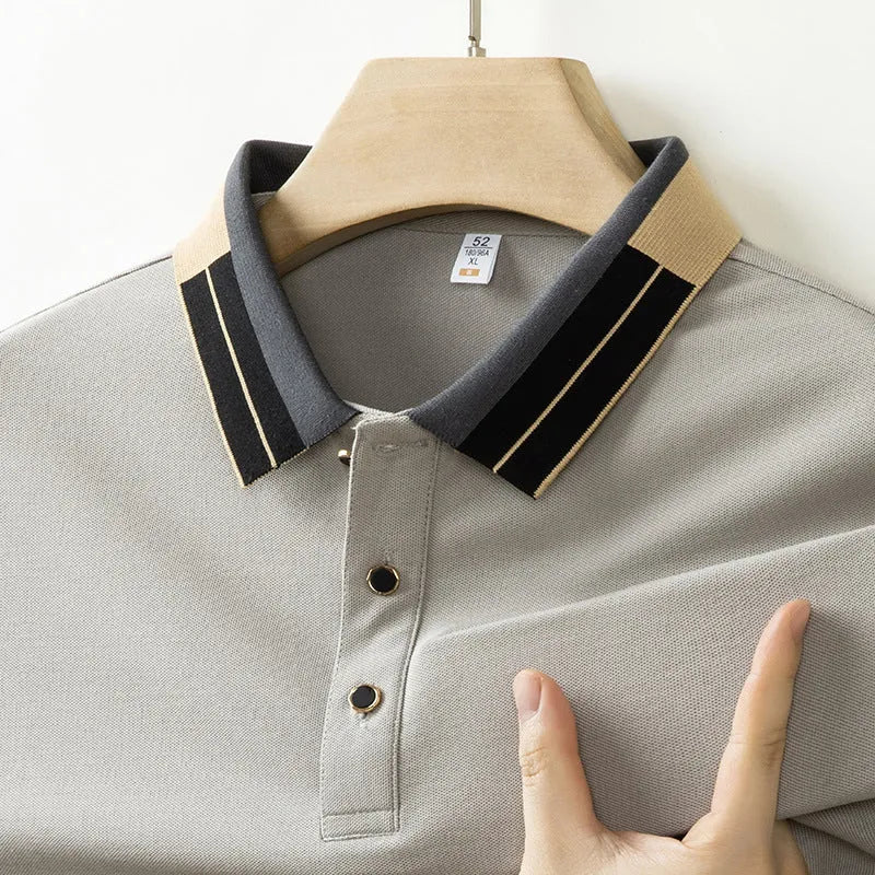 Men's casual solid colour polyester pullover top with lapel short sleeves, regular fit, neutral colours for summer