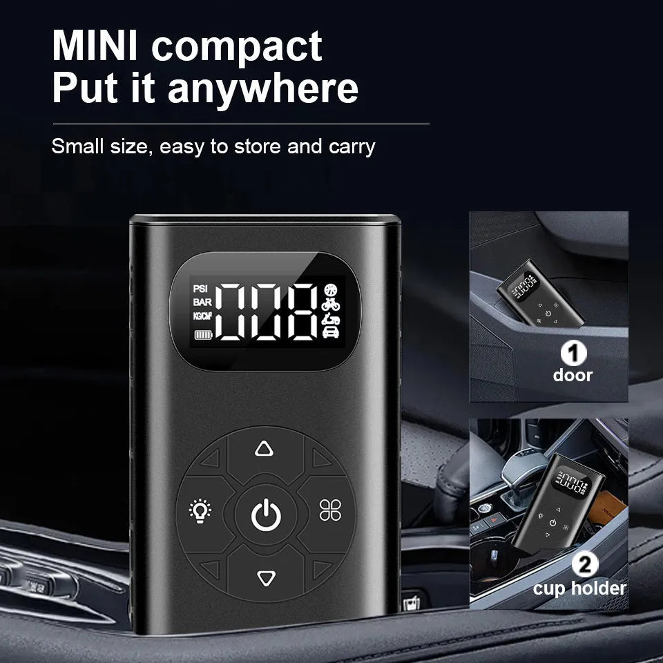 Black portable USB digital tyre inflator with pressure gauge and tube for car and motorcycle.