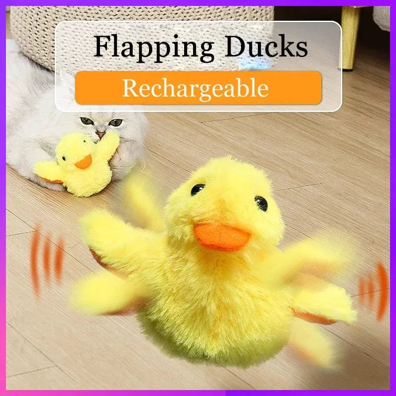 Yellow chick-shaped flapping duck cat toy with USB charging cable