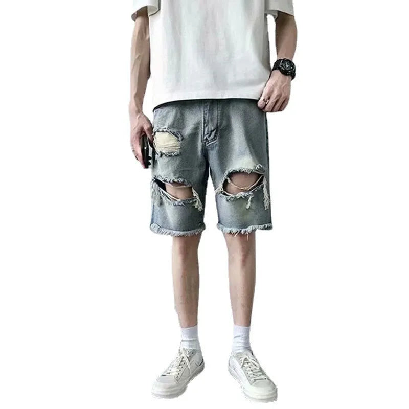 Men's thin ripped denim shorts in retro colour with handmade distressing, Bermuda length, size L