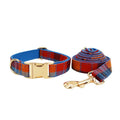 Blue background velvet plaid dog collar with matching hand-holding rope and optional bow accessory