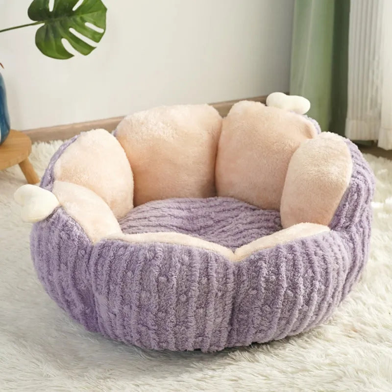 Green cactus design soft pet bed for cats or small dogs on a wooden floor.